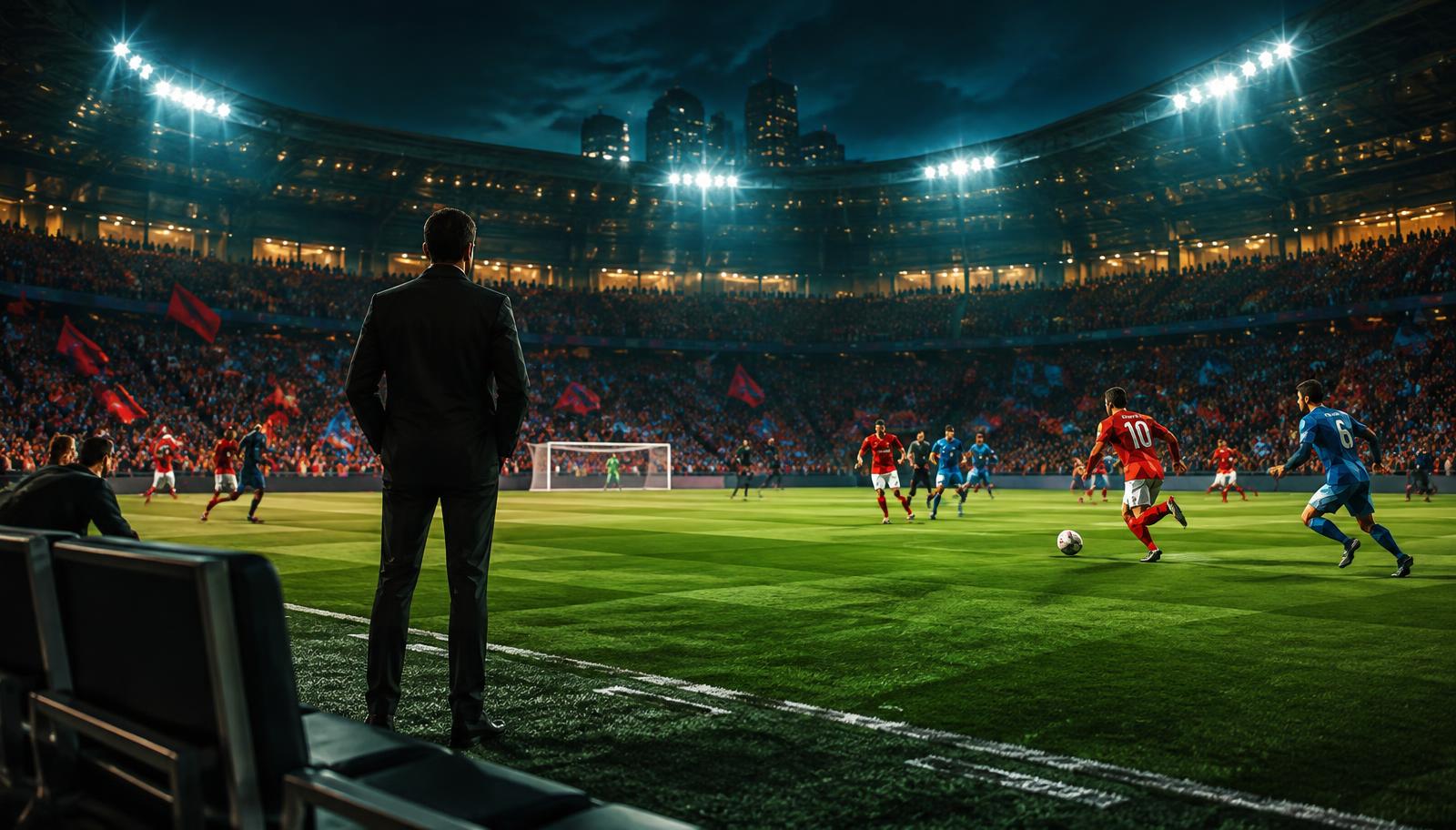 Manager na beira do campo observando a partida em um estádio 3D lotado à noite